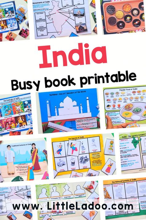 Activities from India Busy book Busy Book Printable, India For Kids, Country Studies, Learning Binder, Indian Theme, Festivals Of India, National Symbols, Scrapbook Stickers Printable, Preschool Books