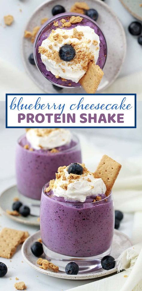 Protein Shake Recipes Blueberry, Cheesecake Smoothie Healthy, Desert Protein Shake, Blueberry Cheesecake Smoothie, Blueberry Shake Recipe, Protein Shake Peanut Butter, Blueberry Protein Shake Recipe, Protein Shake Ideas, Cheesecake Protein Shake