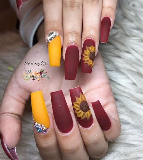 Burgundy And Sunflower Nails, Red Sunflower Wedding, Sparkle Gel Nails, Beautiful Wedding Makeup, Sunflower Nails, Red Sunflowers, Cute Nails For Fall, Nails 2022, Finger Nails