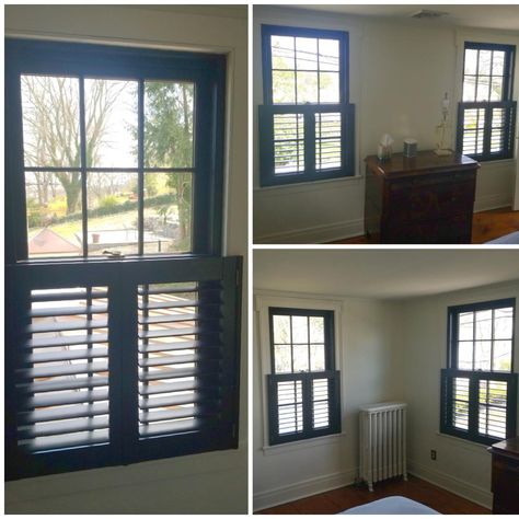 Cafe shutters recently installed in a historic home in Essex. Black shutters match black window frames along with antique brass shutter hardware. #budgetblinds Black Indoor Shutters, Interior Cafe Shutters, Half Window Shutters, Black Shutter Blinds For Windows, Cafe Shutters, Louvered Shutters Lowe's, Window Shutters Blinds.com, Shutter Hardware, Black Window Frames