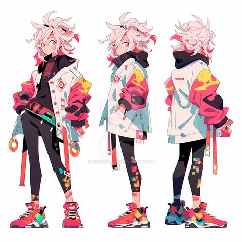 Colorful Cyberpunk Fashion, Eccentric Character Design, Cyberpunk Oc Design, Grunge Character Design, Character Design White Hair, Cyberpunk Aesthetic Outfit, Sci Fi Oc, Oc Ref Sheet, Cyberpunk Hair