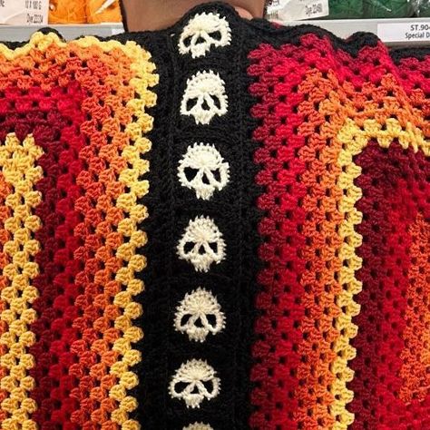 Hexi Cardigan, Granny Hexagon Cardigan, Black Saffron, Granny Cardigan, Granny Hexagon, Hexagon Cardigan, Cardigan For Men, Crochet Skull, Black Skulls