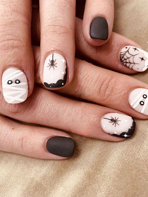 24PCS Small Square Nails, Creative Halloween Funny Spider Star Mummy Fake Nails, Detachable Full Hat Fake Nails Sticker.I discovered amazing products on SHEIN.com, come check them out! Small Square Nails, Funny Spider, Nails Creative, Cake Gel, Spiders Funny, Cream Blush, Gel Cream, Square Nails, Matte Lips