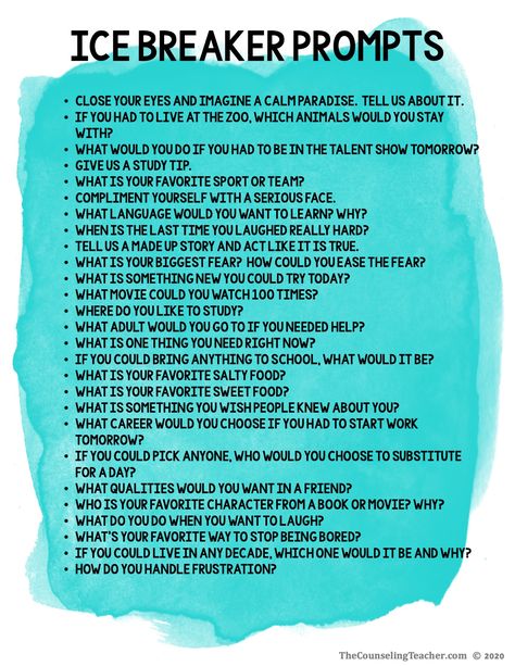 Group Counseling Ice Breakers, Ice Breaker Games For Group Therapy, Life Group Ice Breakers, Third Grade Ice Breakers, Teen Ice Breaker Questions, Ice Breaker Group Therapy, Leadership Ice Breaker Games, Ice Breakers After Winter Break, I’ve Breakers For Work