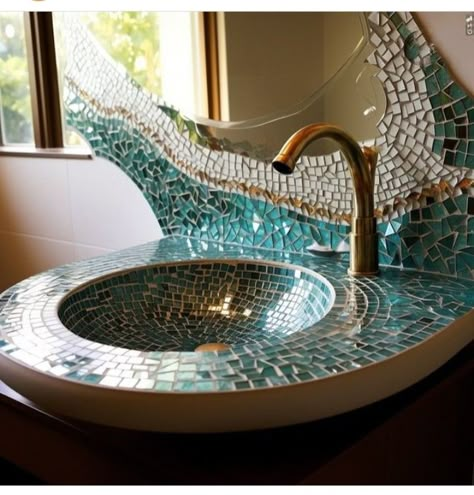 Mosaic Toilet Design, Unrealistic House, Crystal Sink, Tap Ideas, Spanish Mansion, Bathroom Sink Diy, Mosaic Sink, Glass Bathroom Sink, Mosaic Bathroom Tile