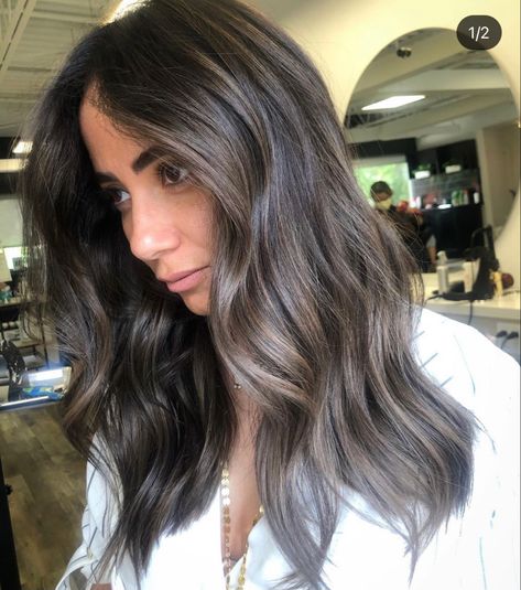 Brunette Cool Tone Highlights, Frosted Brunette Hair, Dark Hair Babylights, Smokey Brunette Hair, Dark Brown Ashy Hair, Dark Ash Balayage, Dark Ash Brown Hair Balayage, Ash Brown Balayage On Dark Hair, Dark Mushroom Brown Hair Color