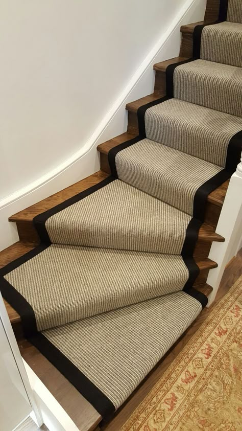 Carpet Installation to Stairs as a Runner with Black Border in Docklands, London Beige And Black Stairs, Victorian Stairs, Install Carpet, Beautiful Staircases, Stair Paneling, Industrial Stairs, Carpet Staircase, Boston House, Entryway Stairs