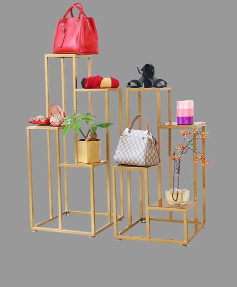 custom made four tier table, custom made metal display stand for bags and shoes store Shoe Display Shelves, Bag Store Display, Shoe Store Display, Wooden Handbag, Shoe Store Design, Handbag Display, Craft Market Display, Clothing Store Interior, Clothing Store Design