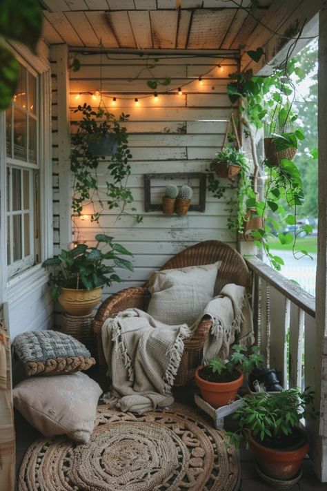 Hygge Front Porch, Cottagecore Porch Aesthetic, Cozy Small Front Porch, Small Narrow Porch Decorating Ideas, Witchy Balcony Ideas, Sun Porch Decor, Cozy Porch Ideas Covered Patios, Mini Porch Ideas, Enclosed Porch Ideas Small Cozy