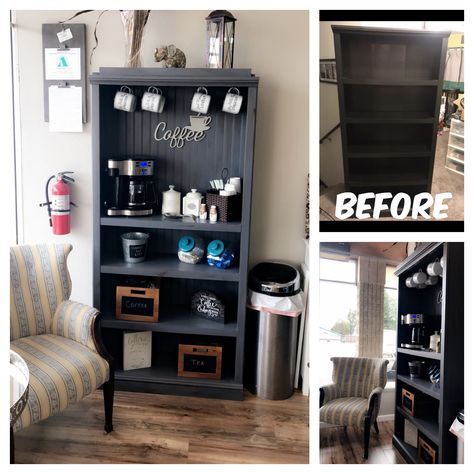 Repurposed bookshelf into a coffee bar for our Salon Bookshelf To Coffee Bar, Coffee Bar Bookshelf Ideas, Book Shelf Coffee Bar, Bookcase Coffee Bar Ideas, Bookcase Into Bar, Bookshelf Coffee Station, Bookshelf Into Coffee Bar, Bookcase Coffee Station, Coffee Bookshelf Ideas