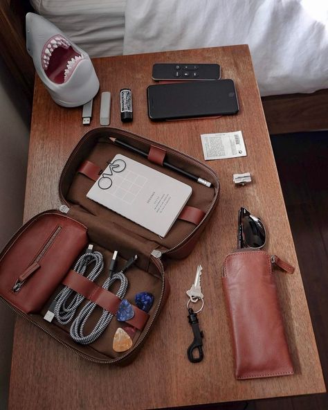 Tech Dopp Kit 2 - tech as in digital technical as in gear relating to your craft TDK2 as in carry whatever makes your destination special. Shown here with Squints eyewear sleeve #tigsquints - all in cognac. #techdoppkit available soon signup for a gift with purchase at techdoppkit.com Tech Dopp Kit, Travel Tech Organizer, Tech Kit, Useful Gifts, Tech Bag, Travel Tech, Mens Travel, Accessories Bag, Art Bag