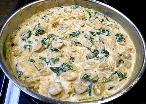 Spinach Feta Chicken, Orzo Skillet, Dinner With Chicken, Chicken Sausage Recipes, Chicken Sausages, Sausage Spinach, Recipe Using Chicken, Feta Chicken, Comfort Casseroles