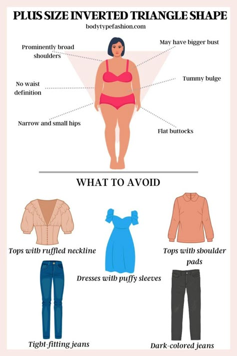 What not to wear for plus size inverted triangle shape - Fashion for Your Body Type Inverted Triangle Plus Size Outfits, Plus Size Inverted Triangle Outfits, Plus Size Inverted Triangle, Triangle Body Shape Celebrities, Triangle Outfits, Inverted Triangle Body Shape Fashion, Inverted Triangle Body Shape Outfits, Triangle Body Shape Fashion, Rectangle Body Shape Outfits