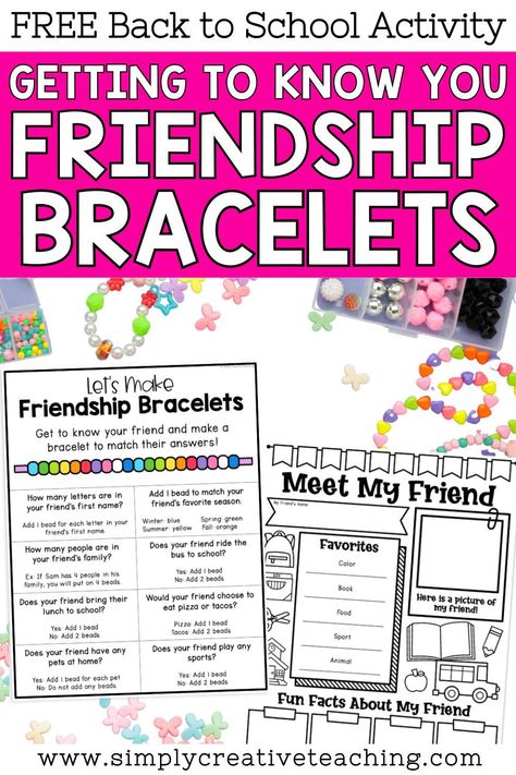 Looking to foster relationships among your students during back to school? This blog post is filled with fun Getting to Know You activities for kids! From icebreakers to games, get creative ideas to promote friendship and community in the classroom. Perfect for kindergarten, first grade, or 2nd grade, these activities encourage communication through making friendship bracelets. Explore these free back to school activities for exciting ways to build connections. 2nd Grade Getting To Know You Activities, Best Buddies Club Activities, Getting To Know Your Students Activities Elementary, First Day Of Summer School Activities, Student Get To Know You Activity, Get To Know You Activity, First Grade Fun Friday Ideas, Get To Know You Activities For Kids, Relationship Building Activities Kids