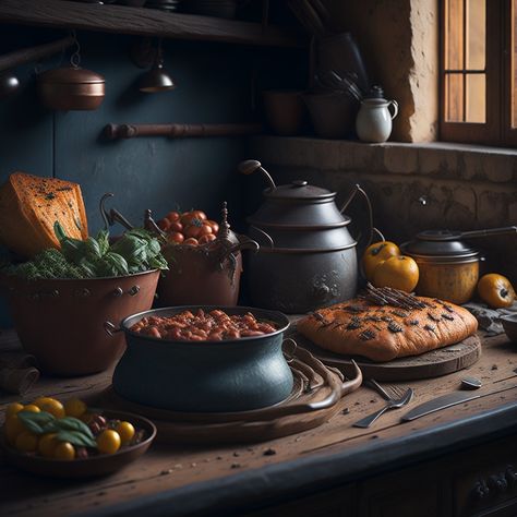 Confortável cozinha italiana rústica Medieval Fantasy Aesthetic Food, Fantasy Cooking Aesthetic, 1800 Aesthetic, Kitchen Greenhouse, Tavern Food, Medieval Kitchen, Medieval Food, Cottagecore Life, Mary Celeste