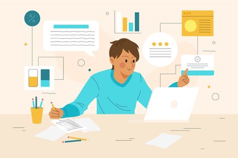 Young man multitasking concept | Free Vector #Freepik #freevector #design #man #character #office Effective Studying, Master Studies, Paper Writer, Dissertation Writing Services, People Working Together, Illustration Story, Thesis Writing, Research Writing, Study Techniques