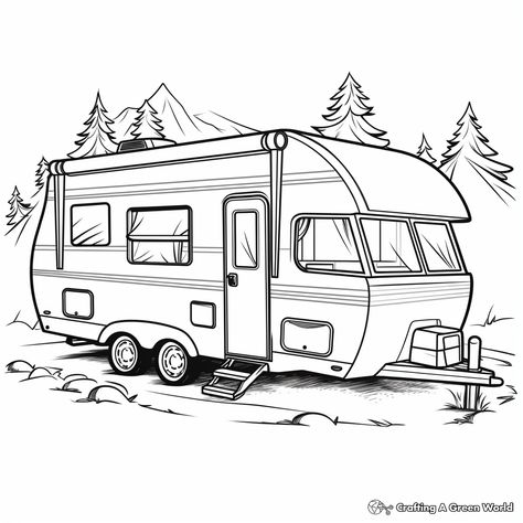 Rv Coloring Pages, Rv Drawing, Trailer Drawing, Caravan Drawing, Camping Sketch, Campfire Drawing, Camper Drawing, Lézervágott Fa, Camping Tattoo