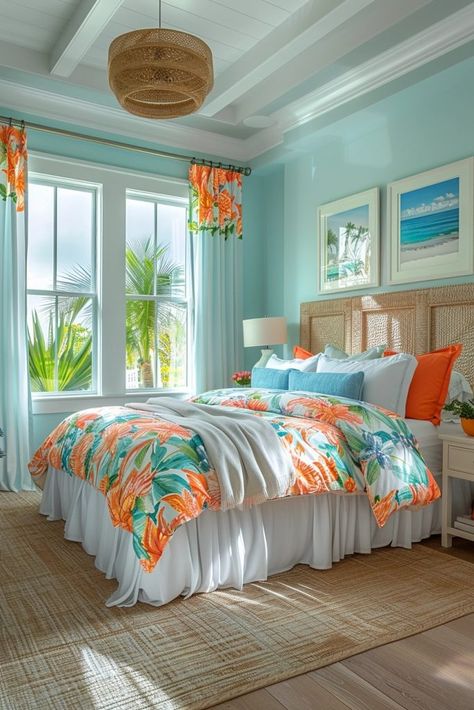 Bright Coastal Vista Bedroom Caribbean Bedroom Ideas, Green Beach Bedroom, Key West Bedroom, Caribbean Bedroom, Turquoise Bedroom Ideas, Tropical Bedroom Ideas, Beach Theme Decorating Ideas, Aqua Bedrooms, Caribbean House