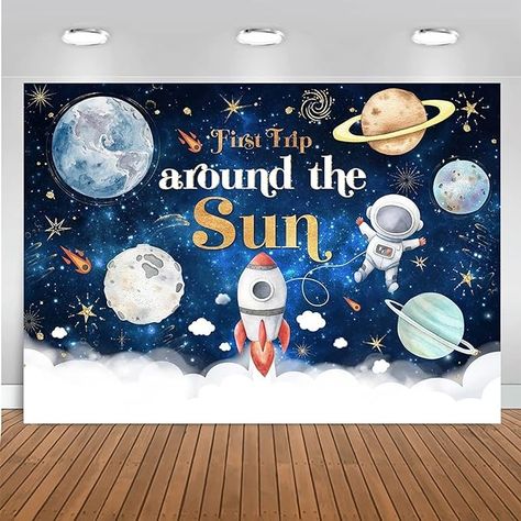 Amazon.com : Mocsicka First Trip Around The Sun Birthday Backdrop for Boy Outer Space Sun 1st Birthday Party Decoration Galaxy Blast Off Moon Planets Rocket 1st Trip Around The Sun Cake Table Banner(82''x60'') : Electronics First Trip Around The Sun Birthday Backdrop, The Sun Background, Trip Around The Sun Cake, Around The Sun Cake, Sun 1st Birthday Party, 1st Trip Around The Sun, Sun Cake, Table Banner, Mac Sauce