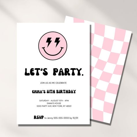 Birthday party invitation for girls with pink and purple balloons, streamers, and a birthday#birthdayfont #happybirthday #fontdesign #celebration #birthdaywishes 13 Party Invitations, Bday Invite Template Aesthetic, Party Invites Aesthetic, Pink Aesthetic Birthday Invitation, Preppy Bday Invitations, Pink Happy Face Birthday Party, Pink Smiley Face Birthday Party Ideas, Birthday Ideas 11 Girl, 13 Birthday Invitation Ideas