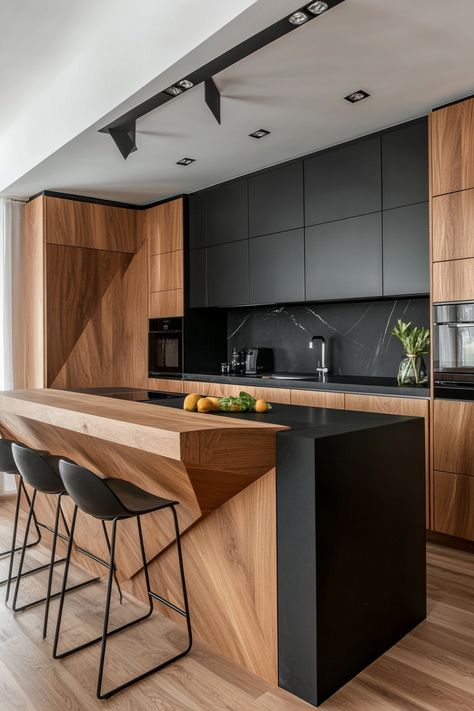 13 Black And Wood Kitchen Designs To Inspire - DreamyHomeStyle Dark Home Decor Kitchen, Modern With Wood Accents, Kitchen Design Dark Wood, Black White And Brown Kitchen, Black And Wood Kitchens, Walnut Interior Design, Kitchens With Dark Wood Floors, Dream Kitchen Design Luxury, Black And Wood Kitchen