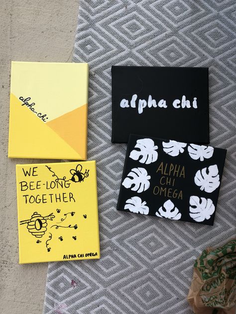 Used stencils for the black ones, and sharpie markers for the yellow one Yellow Sorority Canvas, Little Gifts Sorority, Big/little Baskets, Sorority Art, Big Little Canvas, Big Little Basket, Sorority Paddles, Sorority Canvas, Bid Day Themes