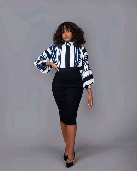 Corporate Tops For Ladies, Flare Skirt Outfit Classy, Corporate Tops, Office Skirt And Blouse, Corporate Clothes, Lady Poses, Flare Skirt Outfit, Chitenge Outfits, Simple Blouses