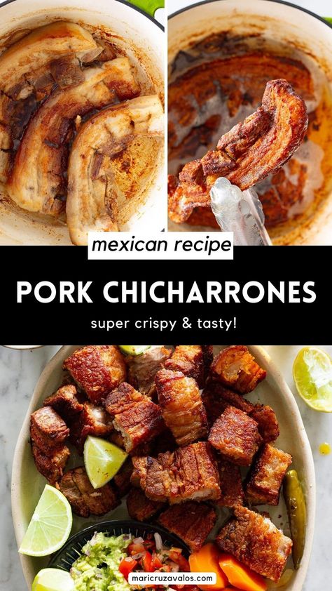 This Mexican chicharrones recipe is super easy to make and perfect to enjoy as snack with guacamole and salsa. #mexicanchicharron #chicharrondepuerco #comohacerchicharrones Mexican Chicharrones Recipe, Pork Chicharrones Recipe, Mexican Chicharrones, Chicharones Recipe, Chicharrones Recipe, Pork Belly Recipes Crispy, Pork Belly Tacos, Fried Pork Belly, Mexican Pork