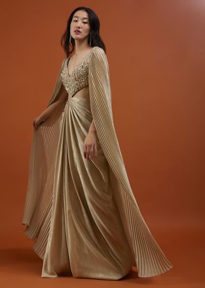 Cocktail Dress For Bride, Cape Dress Indian, Royal Cape, Hanging Sleeves, Dhoti Skirt, Brown Gown, Wedding Cocktail Dress, Embroidered Bustier, Dresses Indian Wedding