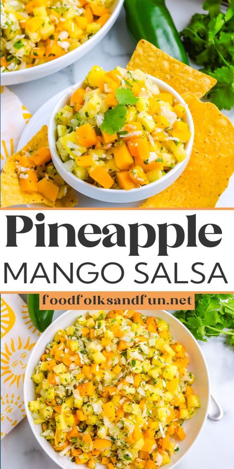 Easy Pineapple Mango Salsa Recipe! This vibrant salsa bursts with fresh flavors of pineapple, mango, and a touch of spice. Perfect for dipping chips, topping fish, or adding a zesty twist to any dish! Mango Salsa Dip, Tropical Side Dishes, Dinner With Mango Salsa, Tropical Salsa Recipe, Mango And Pineapple Salsa, Salsa With Pineapple, Spicy Pineapple Salsa, Psych Party, Pineapple Appetizers