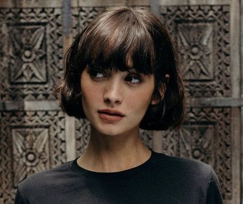 Dark Academia Bob Hair, Short Hair For Strong Jaw Line, Bangs With Chin Length Hair, Fringe And Short Hair, Sharp Bob Hairstyles, Short Bob And Fringe, French Bob With Bangs Straight Hair, French Bob With Bangs Thick Hair, Short French Bangs