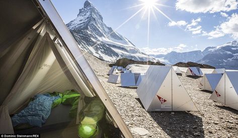 Space age-style aluminum tents provide shelter at new Base Camp Matterhorn Camp Architecture, Base Camp Tent, Switzerland House, Camp Tent, Leadership Summit, The Matterhorn, Take Shelter, Architecture Landscape, Cabin Style