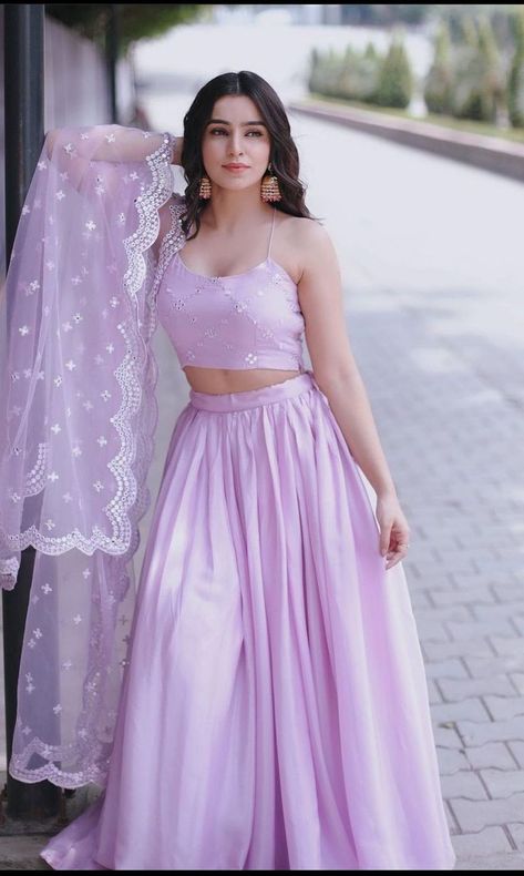 Simple Lehenga Satin, Satin Lahenga Design, Satin Clothes Outfit Indian, Lavender Ghagra, Simple Ghagra, Simple Lehangas, Lavender Kurti, Lengha Embroidery, Yellow Dress Wedding