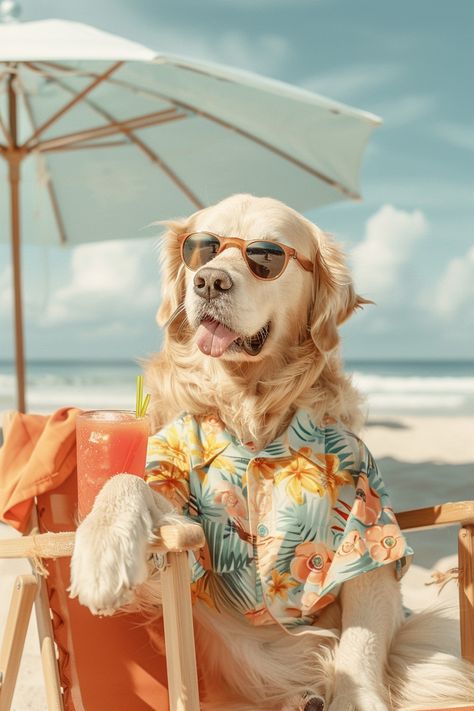 Vogue Photoshoot: Cheerful Golden Retriever at the Beach Dog Restaurant, Dog Lounge, Beach Wearing, Under An Umbrella, Vogue Photoshoot, Inspirational Digital Art, Cruise Packing, Dog Calendar, Dog Pool