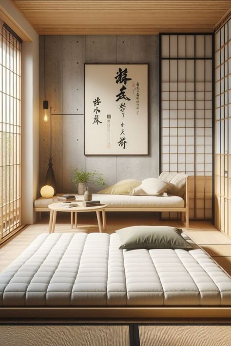 A serene Japanese-style bedroom with tatami flooring, shoji doors, and minimalist decor. Japanese French Interior Design, Modern Japanese Apartment Interior, Room Ideas Japanese Style, Japan Hotel Room, Japanese Minimalism Lifestyle, Tatami Room Modern, Japanese Foyer, Japanese Interior Design Small Spaces, Japanese Style Office