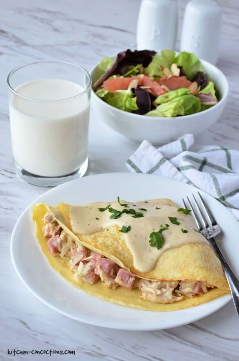 Ham Crepes Recipe, Healthy Cordon Bleu, Crapes Recipe Chicken, Crapes Recipe Filling Savory Crepes Creamy Chicken, Dinner Crepes Recipe, Veggie Crepes, Crepe Chicken, Chicken Crepes Recipe, Crepes Chicken