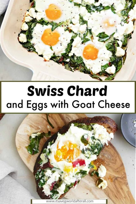 This simple breakfast recipe feels gourmet but has just 4 main ingredients, including eggs, Swiss chard, and goat cheese! It's vegetarian, nutritious, and so fast to prepare! Rainbow Chard Recipes, Recipes With Vegetables, Egg Bakes, Vegetarian Brunch, Vegetarian Food Recipes, Swiss Chard Recipes, Sides And Appetizers, Chard Recipes, Creamy Goat Cheese