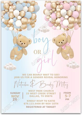 Order Confirmation | Cardmint Virtual Gender Reveal Invitation, He Or She Bear Theme, Invitation Card Design Gender Reveal, Gender Reveal Invites Template, Gender Reveal Invitation Ideas Template, Gender Reveal Cards Invitations, Gender Reveal Card Ideas, Gender Reveal Invitations Ideas, Bear Gender Reveal Invitations