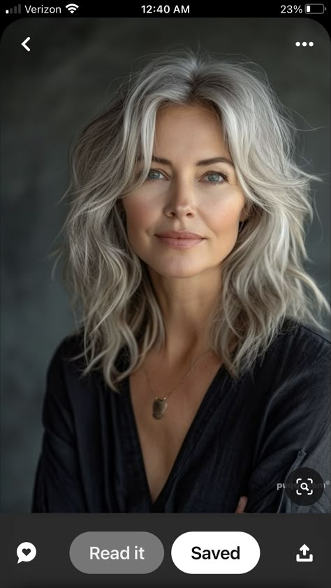 Mid Length Grey Hair, Long Grey Hair Over 50, Grey Hair At 40, Warm Platinum Blonde Hair, Warm Platinum Blonde, Blonde Long Hairstyles, Grey Hair Tones, Grey Hair Color Ideas, Long Hair Over 50