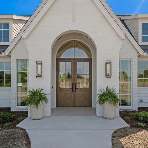 Front door - archway and glass over double door Front Door Half Window, Front Door Archway, Rounded Double Front Door, Arched Wood Front Door, Fiberglass Double Front Door, Arched Doorway Exterior, Exterior Entryway Ideas Front Entrances, Arch Front Door Exterior, Arched Front Doors