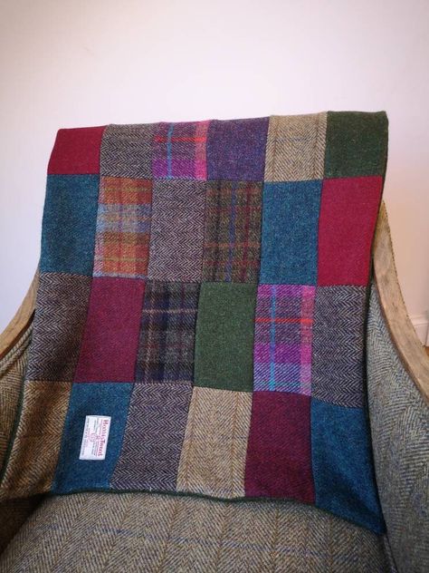 Hand Crafted rustic patchwork Harris Tweed rug blanket reversible Tweed Rug, Tweed Pillow, Sweater Quilt, Cashmere Throw Blanket, Patchwork Ideas, Cashmere Throw, Small Sewing, Highland Cattle, Small Sewing Projects