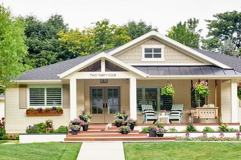 Ranch Exterior Makeover, Ranch Makeover, Front Porch Addition, Brick Planter, Ranch House Remodel, Front Porch Swing, Ranch House Exterior, House Front Porch, Ranch Remodel