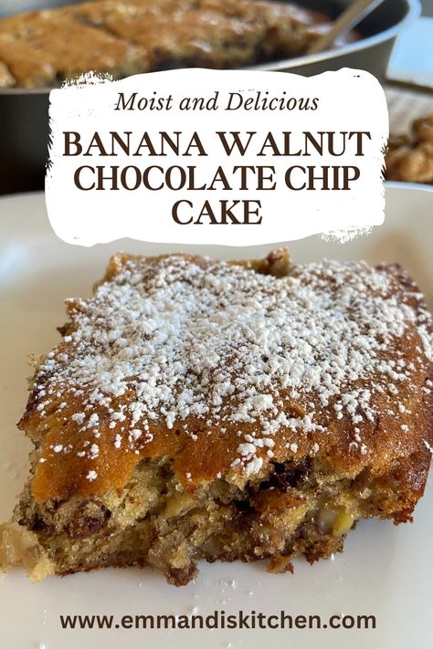 Forget about any other chocolate chip banana bread or cake recipe because this is all you’ll ever need! This banana walnut chocolate chip cake is so incredibly moist, delicious, and so easy to make. It is loaded with bananas, nuts, and chocolate chips. This moist chocolate chip banana cake with walnuts is the ideal quick bread for breakfast, brunch, an afternoon snack, or dessert. Chocolate Chip Date Cake, Chocolate Chip Banana Cake, Choco Chips Cake, Banana Chocolate Chip Cake, Banana Nut Cake, Banana Walnut Cake, Nuts And Chocolate, Bread For Breakfast, Banana Bread Cake