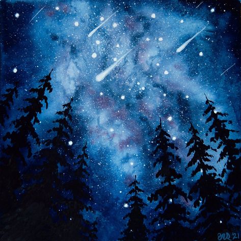 My original gouache painting of a night sky, featuring the milky way and shooting stars. Perhaps a meteor shower. ☀ Dimensions: 8 x 8". ☀ No mat or frame included. ☀ Hand painted on high quality, acid-free watercolor paper. ☀ Signed and dated. Water Colour Night Sky, Starry Sky Painting Acrylic, Meteor Shower Painting, Watercolor Night Painting, Midnight Sky Painting, Night Sky Painting Tutorial, Shooting Star Painting, Night Sky Watercolor, Painting Night Sky