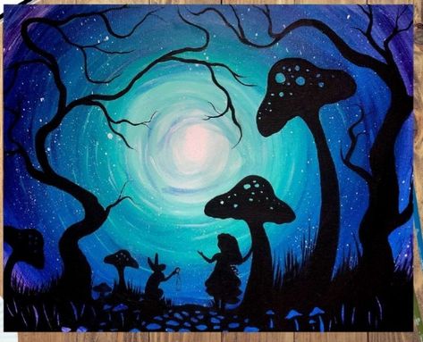 Easy Painting Ideas On Canvas Neon, Simple Creepy Paintings, Ying Yang Painting Canvases, Paint Sip Ideas, Witchy Painting Ideas Easy, Painting Night Ideas, Fantasy Painting Easy, Magical Painting Ideas, Book Painting Ideas