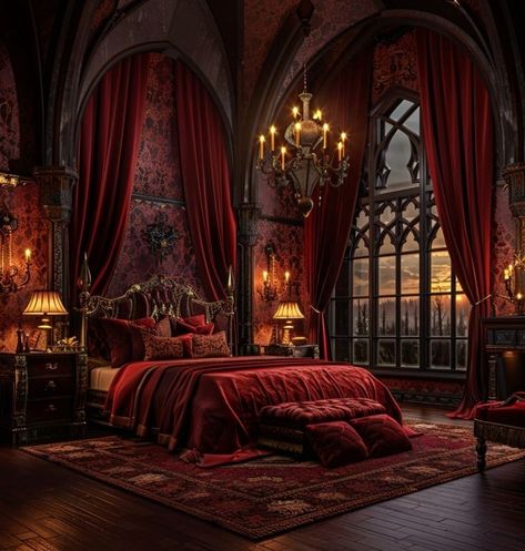 Demon Bedroom Aesthetic, Kings Bedroom Royal, Fire Bedroom Aesthetic, Castle Bedroom Fantasy Art, Red Royal Bedroom, Royal Bedroom Red, Gothic Victorian House Interior Bedroom, Fantasy Hotel Room, Gothic Castle Bedroom