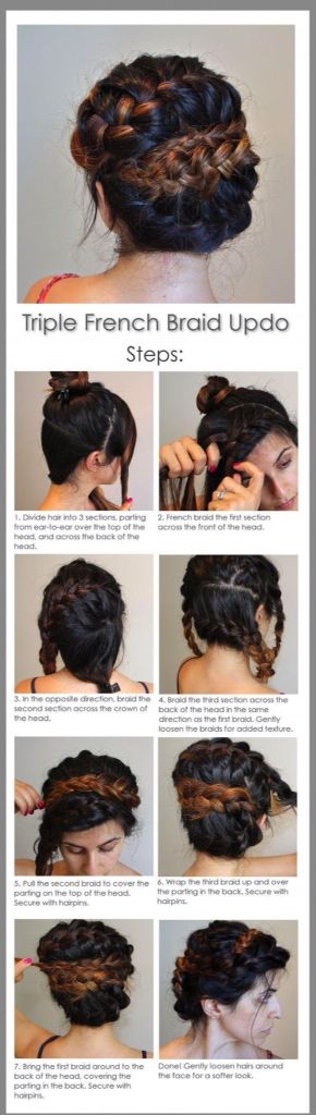 Wrap Around Braid Updo, Hidden Braids In Hair, Katniss Hair, Three Braids, Triple Braid, Easy Braided Updo, Updo Easy, French Braid Updo, Braid Updo