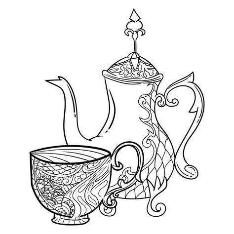 Printable Adult Coloring Pages Teacup Teapot Drawing Sketches, Cute Teapot Drawing, Teapot And Teacup Tattoo, Teapot Tattoo Vintage, Tea Set Tattoo, Tea Kettle Tattoo, Tea Pot Drawing, Teapot Sketch, Watering Can Tattoo