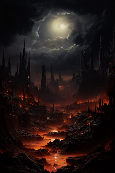 Demon World Concept Art, Dark Realm Aesthetic, Dark Kingdom Fantasy Art, Dark Fantasy Landscape Art, Underworld Background, Dark Castle Aesthetic Interior, Castle Aesthetic Interior, Hades Aesthetic, Gothic Stories