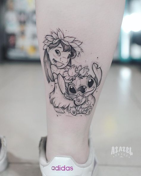 source Lilo And Stitch Tattoos, Disney Tattoos Unique, Cute Disney Tattoos, Disney Stitch Tattoo, Lilo And Stitch Tattoo, Tatuaje Trash Polka, Disney Inspired Tattoos, Ohana Tattoo, Tattoos Disney